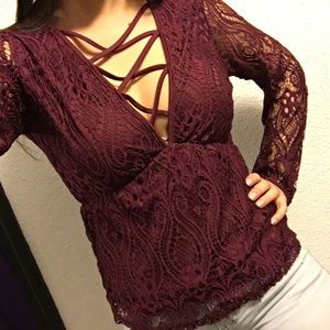 Low cut CrissCross Maroon Lace Top